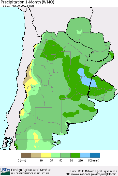 Southern South America Precipitation 1-Month (WMO) Thematic Map For 2/11/2022 - 3/10/2022