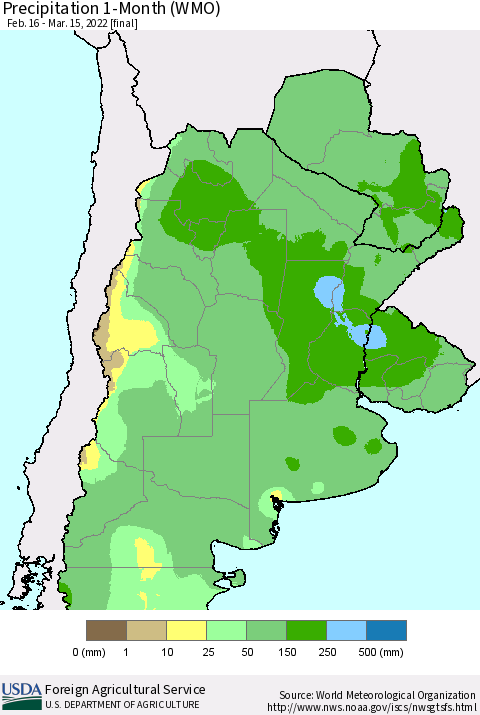 Southern South America Precipitation 1-Month (WMO) Thematic Map For 2/16/2022 - 3/15/2022