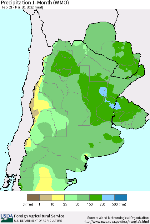 Southern South America Precipitation 1-Month (WMO) Thematic Map For 2/21/2022 - 3/20/2022