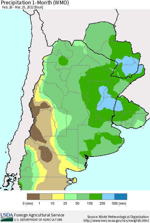 Southern South America Precipitation 1-Month (WMO) Thematic Map For 2/26/2022 - 3/25/2022