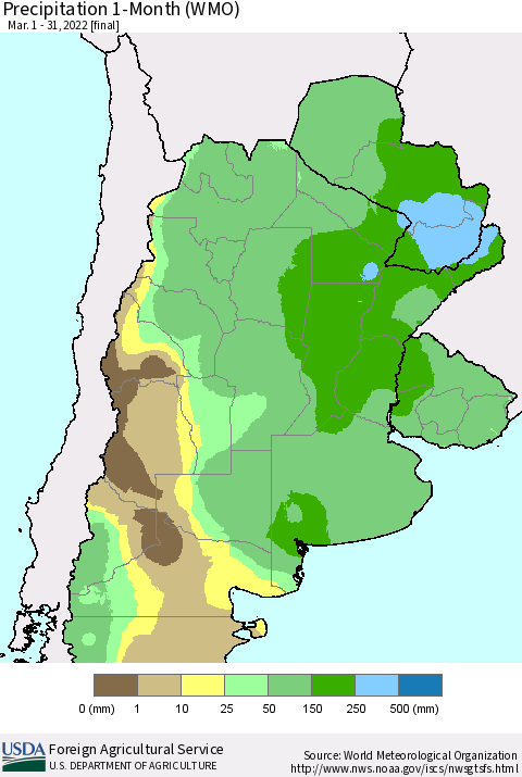 Southern South America Precipitation 1-Month (WMO) Thematic Map For 3/1/2022 - 3/31/2022