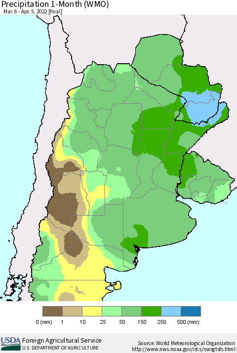 Southern South America Precipitation 1-Month (WMO) Thematic Map For 3/6/2022 - 4/5/2022