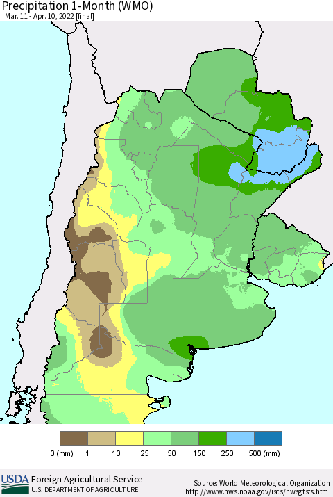 Southern South America Precipitation 1-Month (WMO) Thematic Map For 3/11/2022 - 4/10/2022