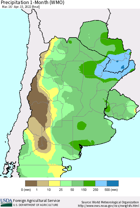Southern South America Precipitation 1-Month (WMO) Thematic Map For 3/16/2022 - 4/15/2022