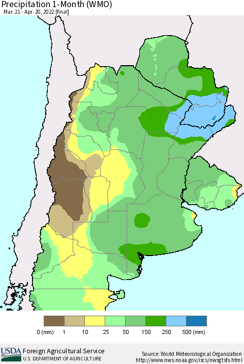 Southern South America Precipitation 1-Month (WMO) Thematic Map For 3/21/2022 - 4/20/2022