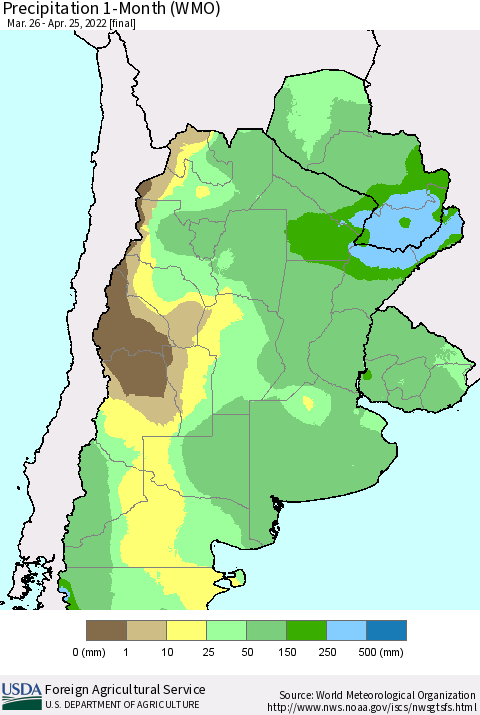 Southern South America Precipitation 1-Month (WMO) Thematic Map For 3/26/2022 - 4/25/2022
