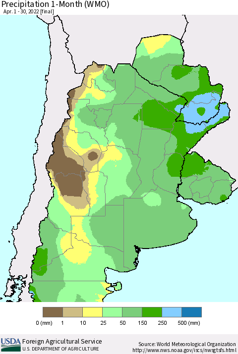 Southern South America Precipitation 1-Month (WMO) Thematic Map For 4/1/2022 - 4/30/2022