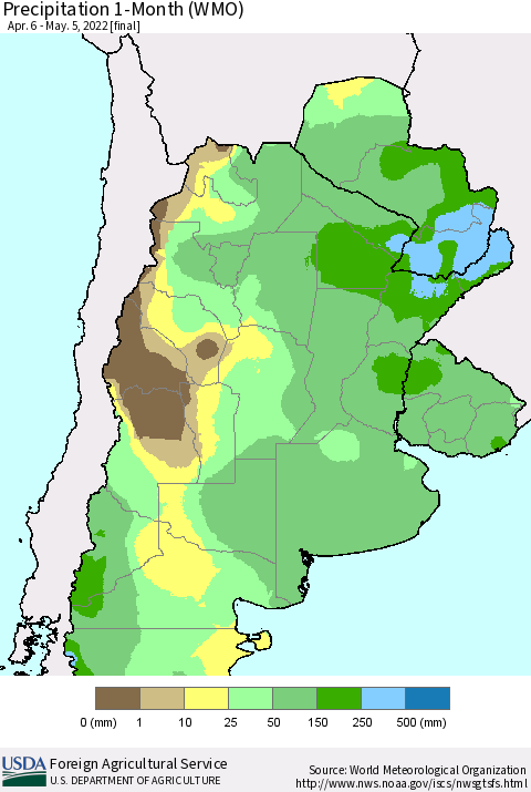 Southern South America Precipitation 1-Month (WMO) Thematic Map For 4/6/2022 - 5/5/2022
