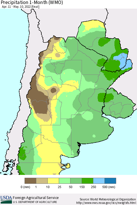 Southern South America Precipitation 1-Month (WMO) Thematic Map For 4/11/2022 - 5/10/2022