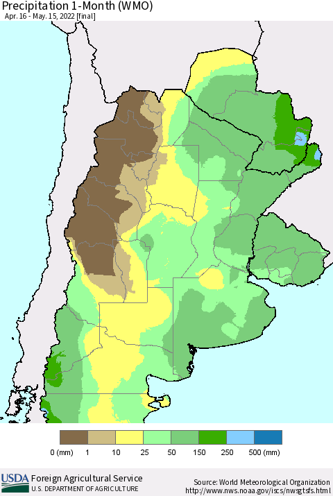 Southern South America Precipitation 1-Month (WMO) Thematic Map For 4/16/2022 - 5/15/2022