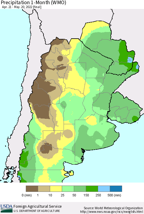 Southern South America Precipitation 1-Month (WMO) Thematic Map For 4/21/2022 - 5/20/2022