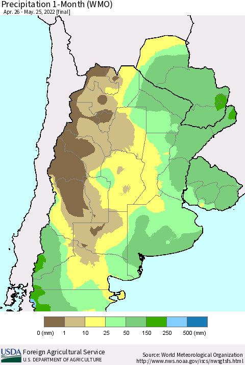 Southern South America Precipitation 1-Month (WMO) Thematic Map For 4/26/2022 - 5/25/2022