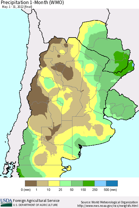 Southern South America Precipitation 1-Month (WMO) Thematic Map For 5/1/2022 - 5/31/2022