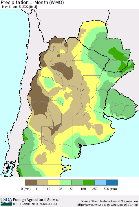 Southern South America Precipitation 1-Month (WMO) Thematic Map For 5/6/2022 - 6/5/2022