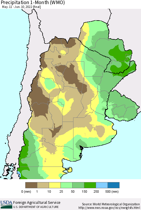 Southern South America Precipitation 1-Month (WMO) Thematic Map For 5/11/2022 - 6/10/2022