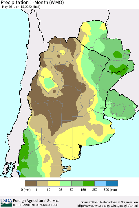 Southern South America Precipitation 1-Month (WMO) Thematic Map For 5/16/2022 - 6/15/2022