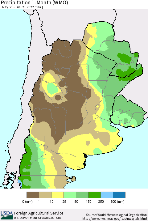 Southern South America Precipitation 1-Month (WMO) Thematic Map For 5/21/2022 - 6/20/2022