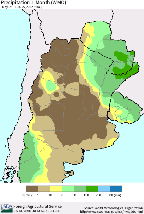 Southern South America Precipitation 1-Month (WMO) Thematic Map For 5/26/2022 - 6/25/2022