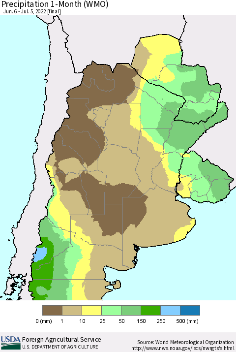Southern South America Precipitation 1-Month (WMO) Thematic Map For 6/6/2022 - 7/5/2022