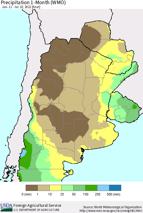 Southern South America Precipitation 1-Month (WMO) Thematic Map For 6/11/2022 - 7/10/2022