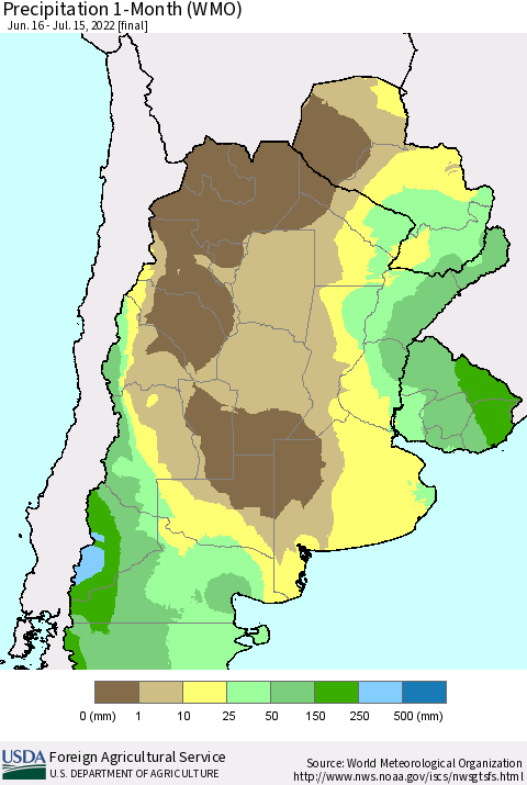 Southern South America Precipitation 1-Month (WMO) Thematic Map For 6/16/2022 - 7/15/2022