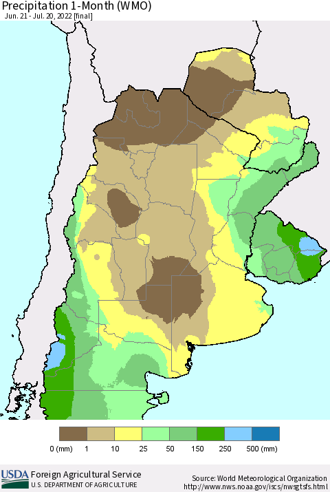 Southern South America Precipitation 1-Month (WMO) Thematic Map For 6/21/2022 - 7/20/2022