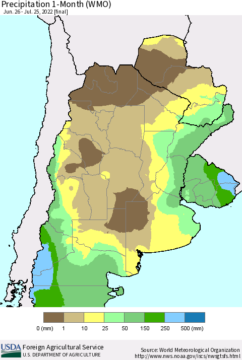 Southern South America Precipitation 1-Month (WMO) Thematic Map For 6/26/2022 - 7/25/2022