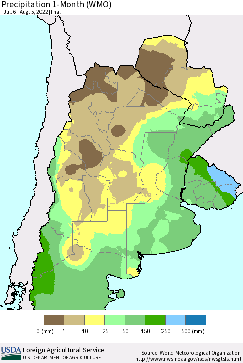 Southern South America Precipitation 1-Month (WMO) Thematic Map For 7/6/2022 - 8/5/2022