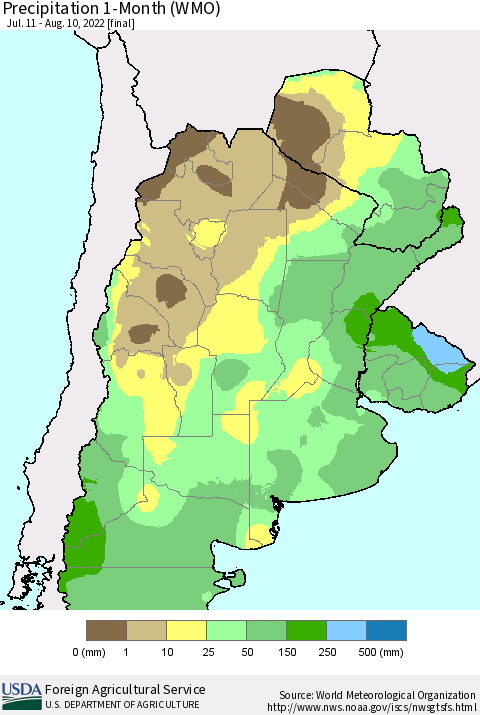 Southern South America Precipitation 1-Month (WMO) Thematic Map For 7/11/2022 - 8/10/2022
