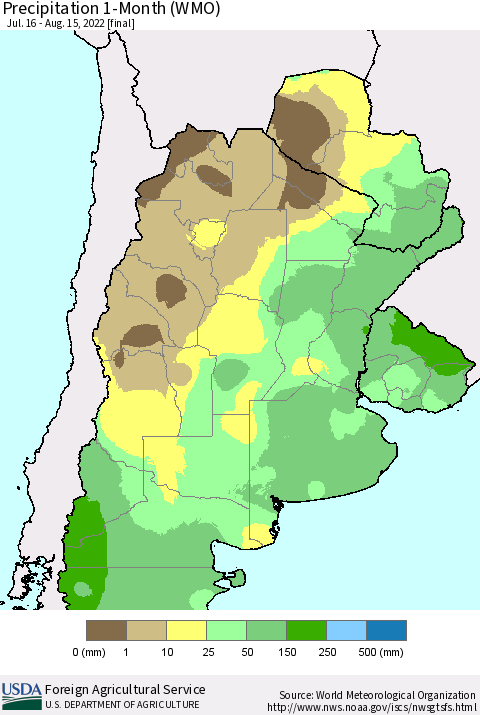 Southern South America Precipitation 1-Month (WMO) Thematic Map For 7/16/2022 - 8/15/2022