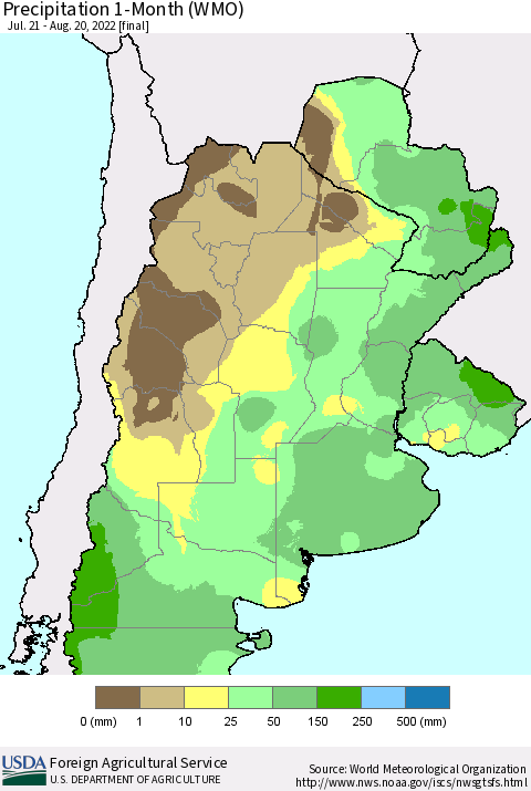 Southern South America Precipitation 1-Month (WMO) Thematic Map For 7/21/2022 - 8/20/2022