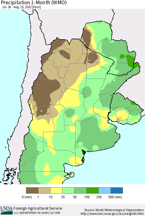 Southern South America Precipitation 1-Month (WMO) Thematic Map For 7/26/2022 - 8/25/2022