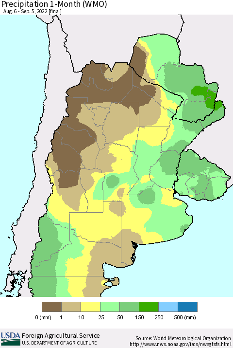 Southern South America Precipitation 1-Month (WMO) Thematic Map For 8/6/2022 - 9/5/2022