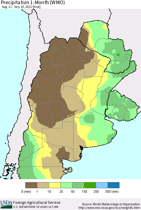 Southern South America Precipitation 1-Month (WMO) Thematic Map For 8/11/2022 - 9/10/2022