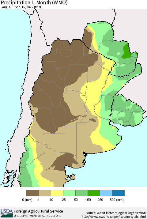 Southern South America Precipitation 1-Month (WMO) Thematic Map For 8/16/2022 - 9/15/2022
