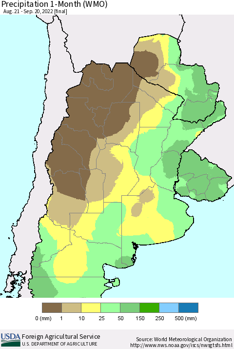 Southern South America Precipitation 1-Month (WMO) Thematic Map For 8/21/2022 - 9/20/2022