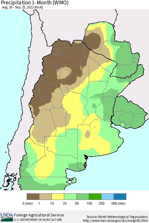 Southern South America Precipitation 1-Month (WMO) Thematic Map For 8/26/2022 - 9/25/2022