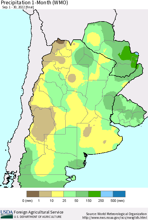 Southern South America Precipitation 1-Month (WMO) Thematic Map For 9/1/2022 - 9/30/2022