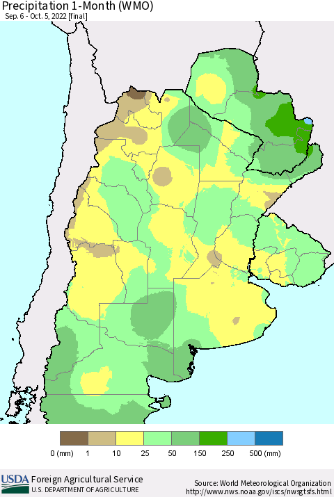 Southern South America Precipitation 1-Month (WMO) Thematic Map For 9/6/2022 - 10/5/2022