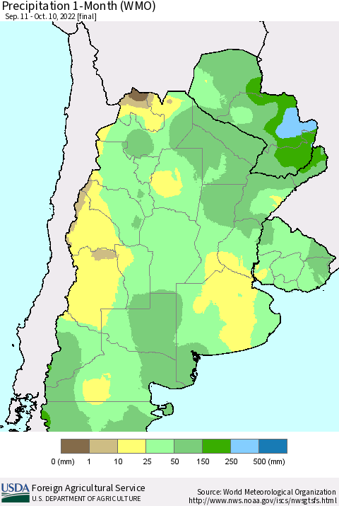 Southern South America Precipitation 1-Month (WMO) Thematic Map For 9/11/2022 - 10/10/2022
