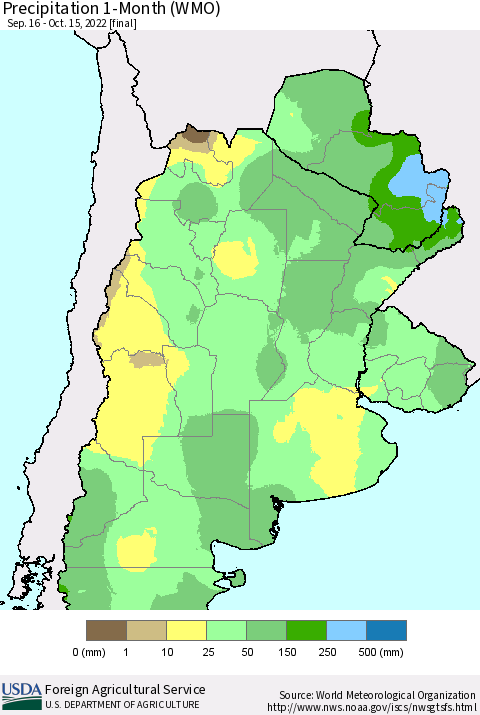 Southern South America Precipitation 1-Month (WMO) Thematic Map For 9/16/2022 - 10/15/2022