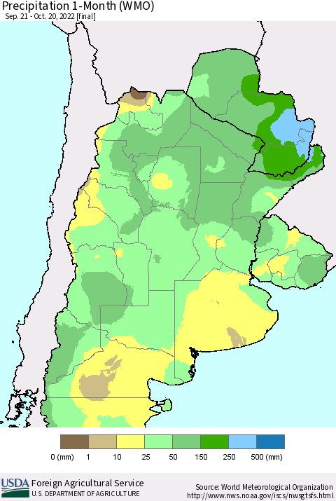 Southern South America Precipitation 1-Month (WMO) Thematic Map For 9/21/2022 - 10/20/2022