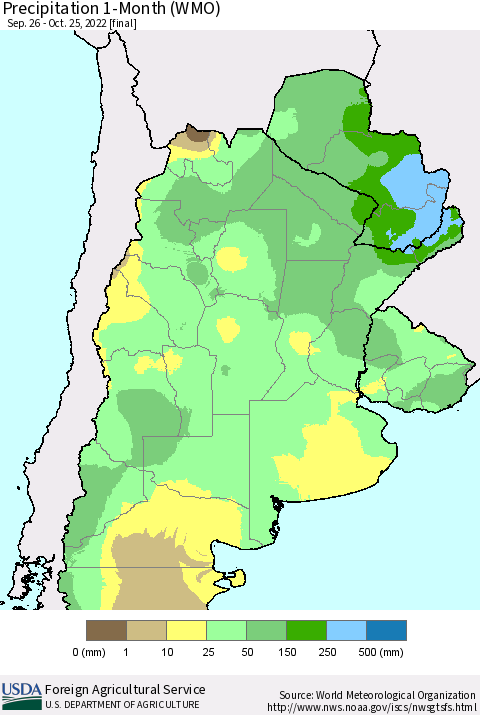 Southern South America Precipitation 1-Month (WMO) Thematic Map For 9/26/2022 - 10/25/2022