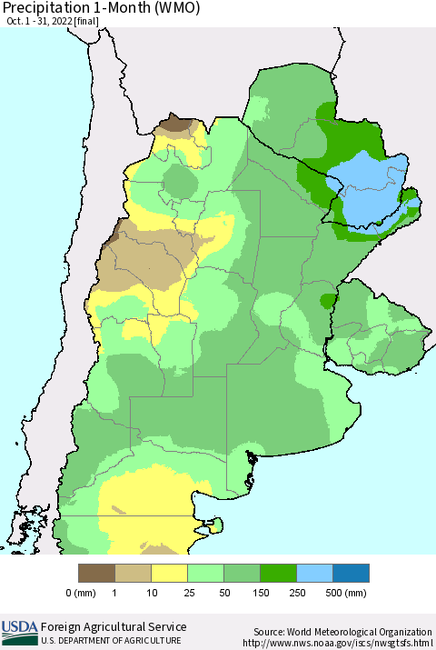 Southern South America Precipitation 1-Month (WMO) Thematic Map For 10/1/2022 - 10/31/2022