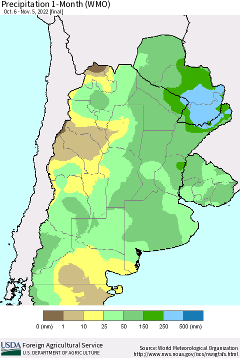 Southern South America Precipitation 1-Month (WMO) Thematic Map For 10/6/2022 - 11/5/2022