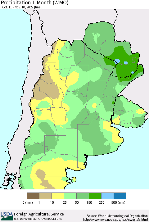 Southern South America Precipitation 1-Month (WMO) Thematic Map For 10/11/2022 - 11/10/2022
