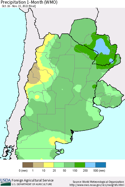 Southern South America Precipitation 1-Month (WMO) Thematic Map For 10/16/2022 - 11/15/2022