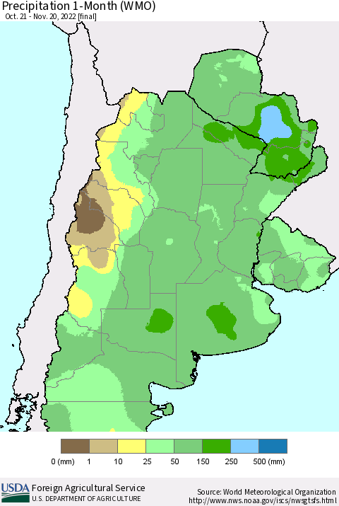 Southern South America Precipitation 1-Month (WMO) Thematic Map For 10/21/2022 - 11/20/2022