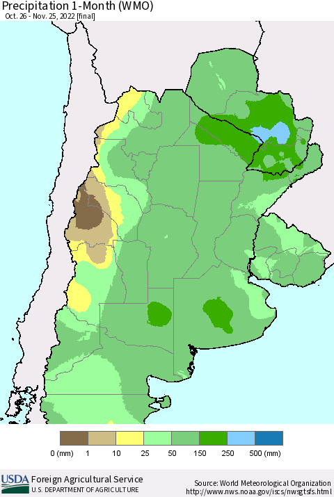 Southern South America Precipitation 1-Month (WMO) Thematic Map For 10/26/2022 - 11/25/2022