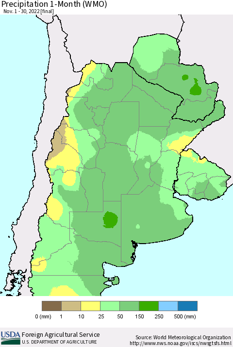Southern South America Precipitation 1-Month (WMO) Thematic Map For 11/1/2022 - 11/30/2022